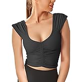 Women Workout Tops Sleeveless Yoga Longline Sports Bra Cutout Short Sleeve Crop Tank Top Gym Running Athletic Shirt U-Back