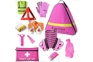 XPORTION Car Emergency Kit, Roadside Emergency Car Kit, Roadside Assistance Kit for Teen Girls and Lady's with Jumper Cables,Tow Rope,and More Ideal Pink Accessories Tool（12Pcs）