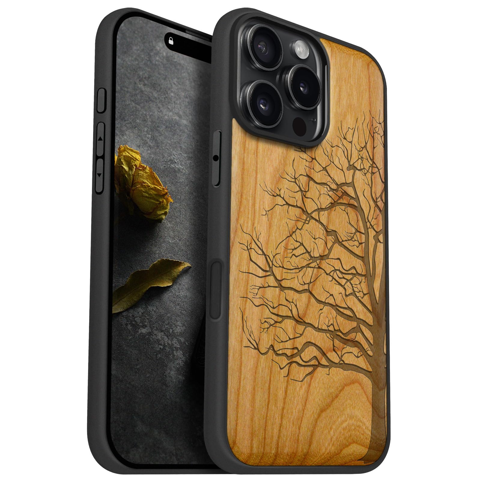 Carveit Magnetic Wood Case for iPhone 16 Pro Max [Solid Wood & Black Soft TPU] Shockproof Protective Cover Unique Wooden Case Compatible with magsafe (Eternal Tree -Cherry)