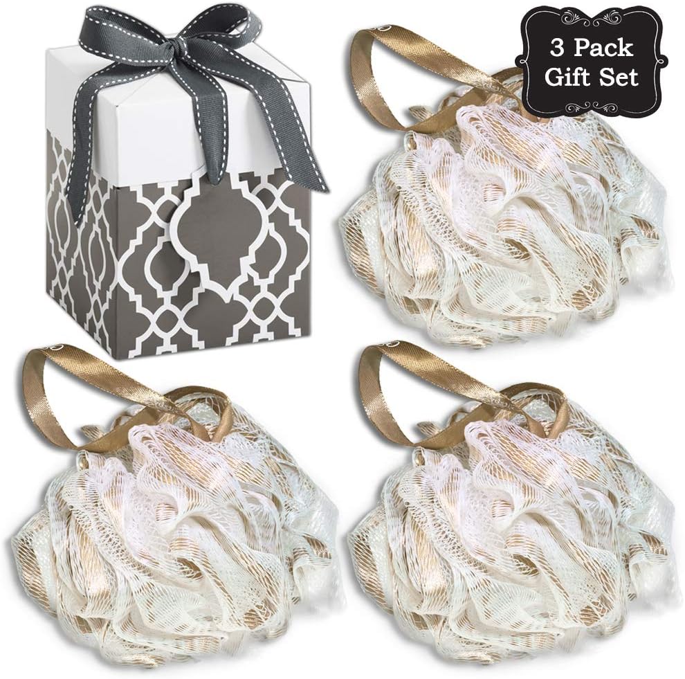 Luxury Loofah Bath Sponge w Gold Ribbon & Comfort Mesh (3 Pack Gift Set) - Shower Sponge Exfoliating Pouf Puff Cleansing Soft Loofah Scrub Luffa Bath Pouf Body For Men Women Hands Feet Hair