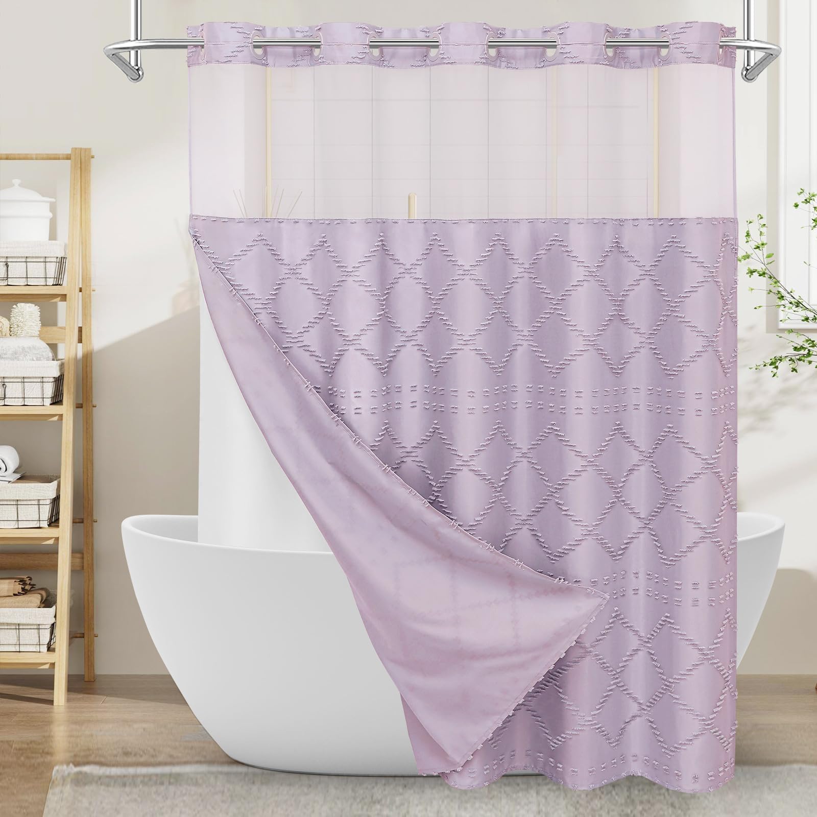 Photo 1 of Craidlela Boho Lavender Woven Fabric Shower Curtain 72 x 74 Modern Farmhouse, No Hooks Tufted Chevron Striped Shabby Chic Textured, Minimalist Cloth Curtain for Bathroom, Hotel Decor