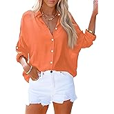 AISEW Womens Button Down V Neck Collared Shirts Dressy Casual Long Sleeve Roll Up Blouses Loose Cover Ups Tunic Tops