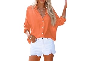 AISEW Womens Button Down V Neck Collared Shirts Dressy Casual Long Sleeve Roll Up Blouses Loose Cover Ups Tunic Tops