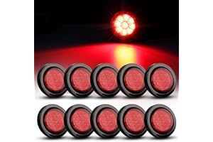 Ledvillage 10 Pcs of 2 Inch Round Red LED Side Marker Clearance Lights 9LEDs with Grommet and Wire Pigtail, w/Reflectors Wate