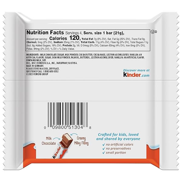 KINDER CHOCOLATE, 4 LARGE BARS, MILK CHOCOLATE BAR WITH CREAMY MILKY FILLING, INDIVIDUALLY WRAPPED CANDY, 3 OZ TOTAL