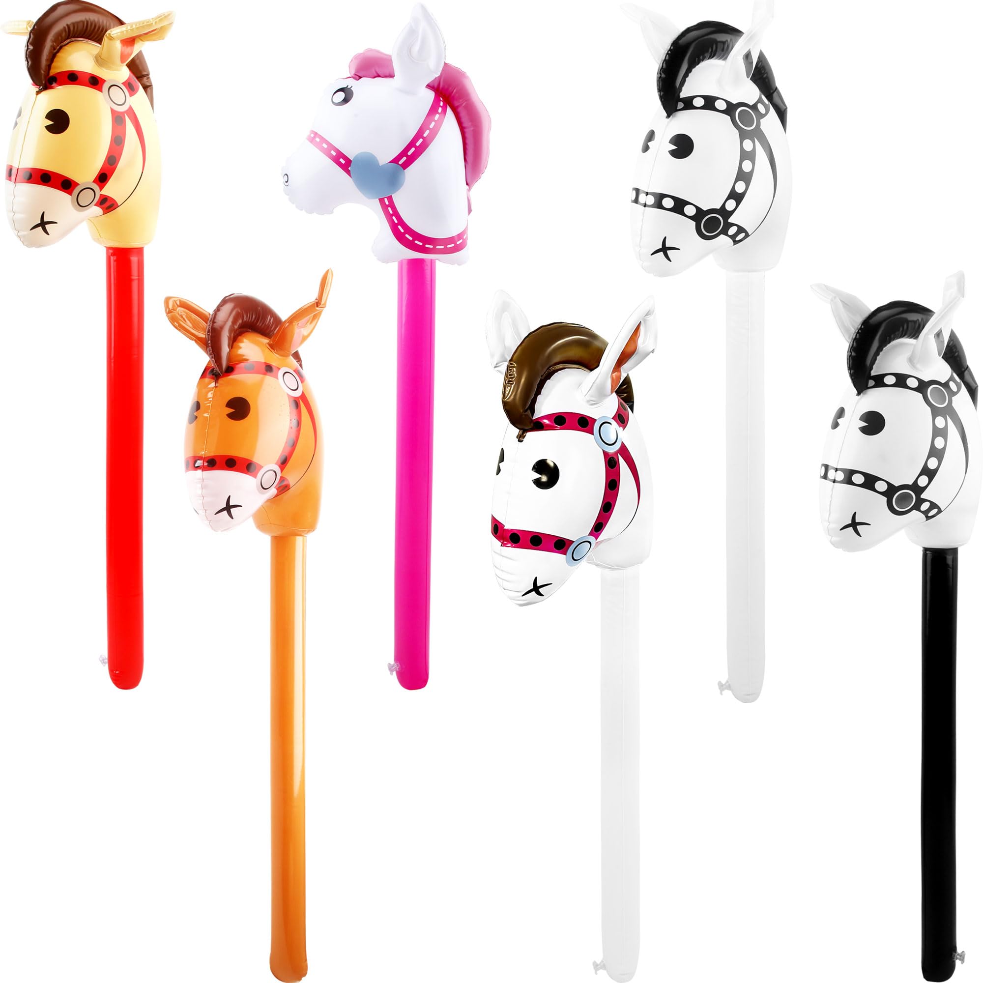 6 pack 40 Inch Inflatable Horse Stick Cute Horsehead Stick Balloon Colorful Inflatable Horsehead Blow Up Pony Toys for Christmas Cowboy Cowgirl Horse Theme Party Decor (Color Style 1)