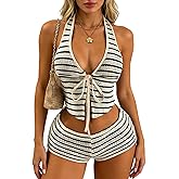 GORGLITTER Women's Two Piece Striped Set Crochet Y2K Going Out Outfits Tie Front Halter Top Mini Shorts Sets