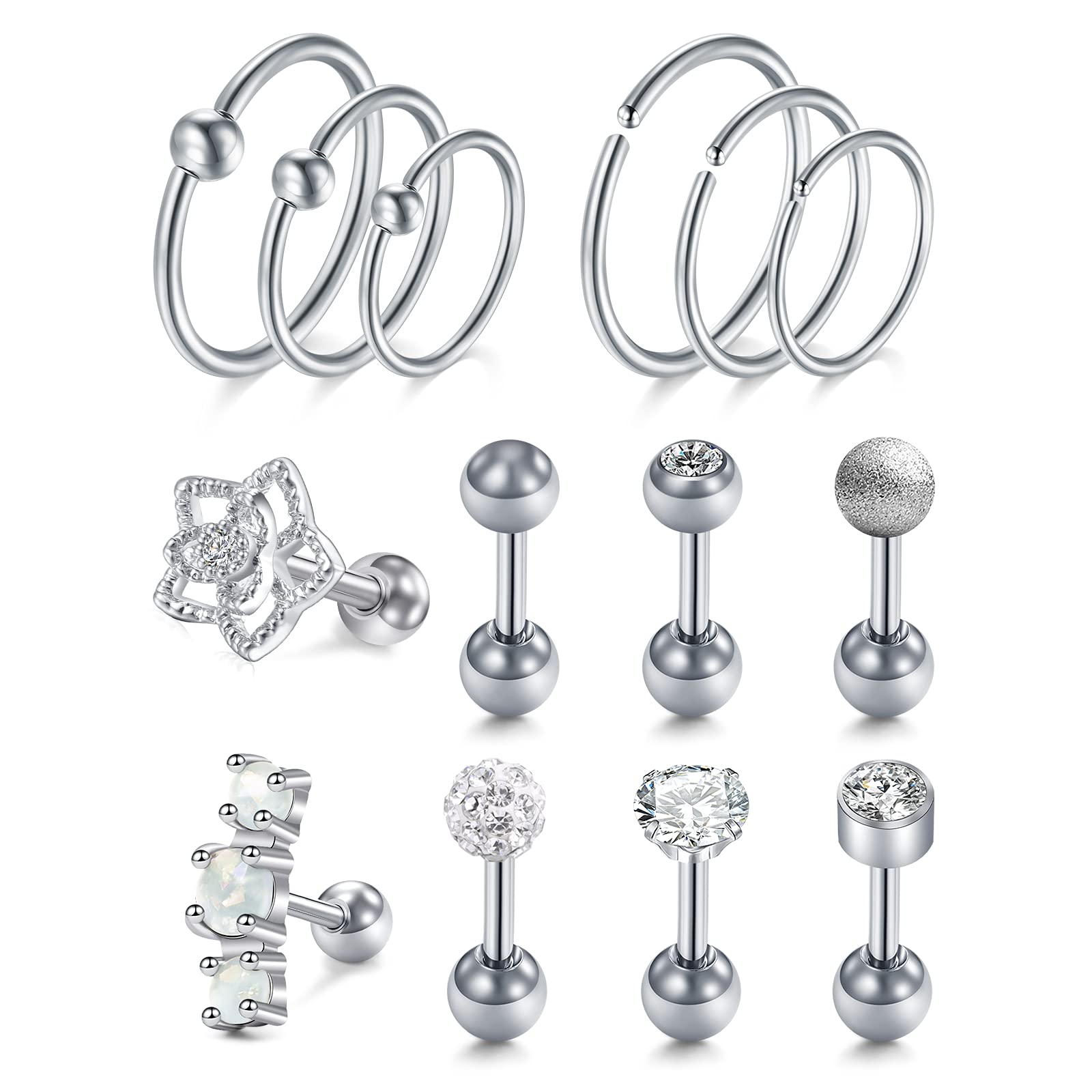 D.Bella 16g Cartilage Earrings Hoop Studs for Women 14 Pcs Forwards Helix Earring Hoop Rook Daith Conch Tragus Earrings Stainless Steel Piercing Jewelry