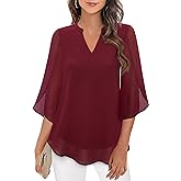 Bebonnie Womens Tops Dressy Casual Ruffle 3/4 Sleeve V Neck Double Layers Chiffon Blouses Tops