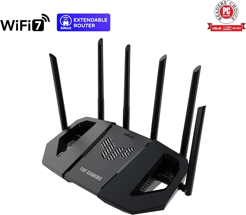 TUF Gaming BE6500 - Router WiFi 7 de Banda Dupla, 4K-QAM, Quatro Portas 2.5G, OpenNAT, Smart Home Master, Segurança de Rede de Três Níveis, Compatível com AiMesh, Tethering Móvel Automático 4G/5G