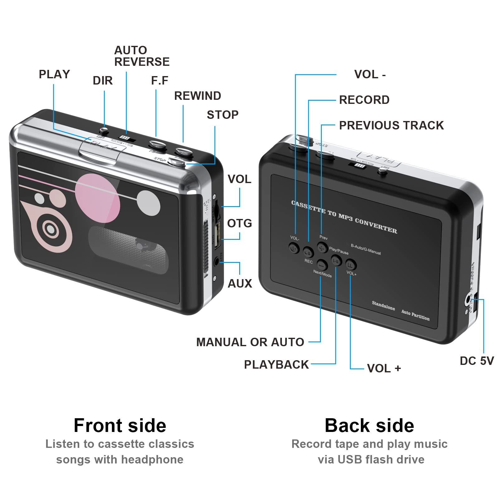 DIGITNOW Cassette Player, Portable USB Cassette to MP3 Converter, Walkman Audio Music Cassette Tape to Digital Converter Player with Earphones, No PC Required, Black