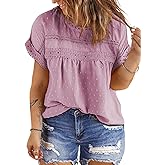 Eytino Women Plus Size Tops Crewneck Short Sleeve Lace Crochet Loose Casual Summer Blouses Shirts(1X-5X)