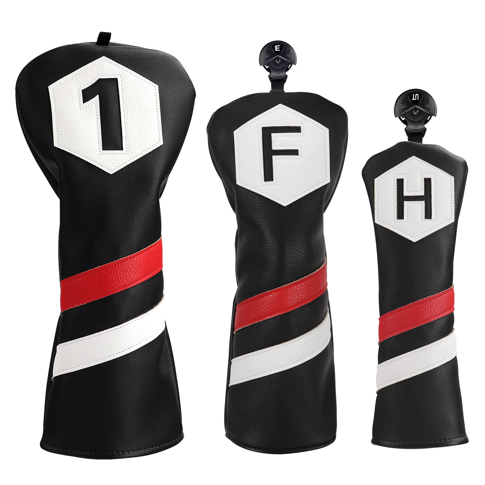 Big Teeth Golf Club Head covers Wood Set 3 PACKS 1FH DR FW UT for Driver Fairway Hybrid with No.Tag Balck White Red PU Leather