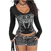 SOLY HUX Women's Graphic Tees Y2k Gothic T Shirt V Neck Long Sleeve Fitted Vintage Streetwear Going Out Tops