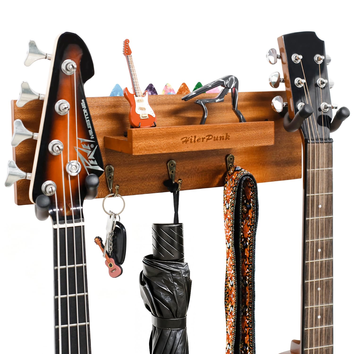 Guitar Wall Mount,Solid Wood Guitar Wall Hanger with 3 Storage Hooks and 2 Rotatable Rubber guitar hanger,Guitar Display Stand with Shelf and Pick Holder for All Size Guitar-Sapele Wood Color