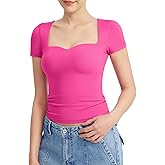 PUMIEY Women's Tops Sweetheart Neck Short Sleeve Going Out Top Cute T Shirts Slim Fitted Sexy Tee Smoke Cloud Pro Collection