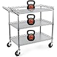 BolDuck Heavy Duty Utility Cart on Wheels,990Lbs Capacity 3 Tier Rolling Carts with Wheels,Kitchen Cart on Wheels with Storage,Commercial Grade Metal Serving Cart with Wire Shelving &Handle Bar,Silver