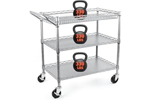 BolDuck Heavy Duty Utility Cart on Wheels,990Lbs Capacity 3 Tier Rolling Carts with Wheels,Kitchen Cart on Wheels with Storage,Commercial Grade Metal Serving Cart with Wire Shelving &Handle Bar,Silver