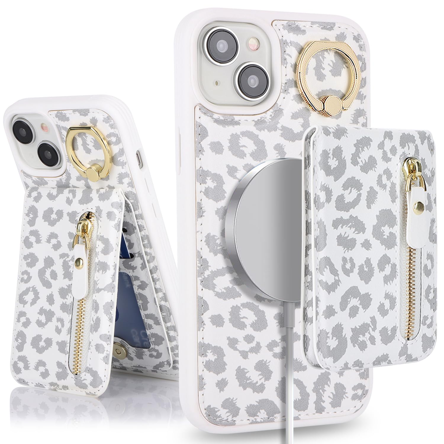 SailorTech iPhone 15 Plus Case with Card Holder, Ring Stand Kickstand Wallet - White Leopard — image 1