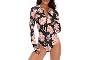 Zando Long Sleeve Swimsuit Women UPF 50+ One Piece for Womens Zip Floral Athletic Swim Wear Bathing Suit
