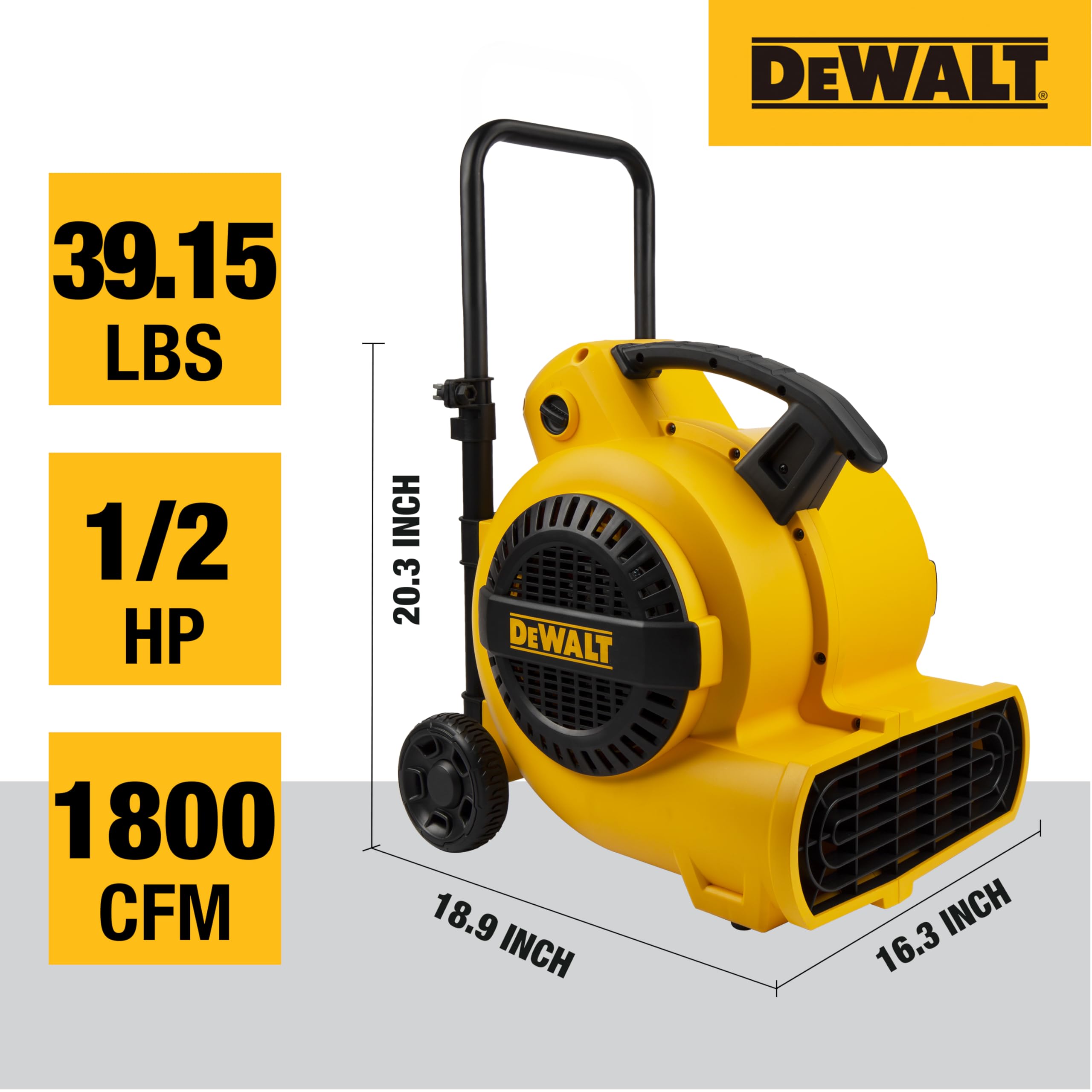 DEWALT 3/4 HP Air Mover, 3 Speed MAX 1800 CFM Floor Fan, Portable Utility Blower Fan, DXAM-2818 Yellow