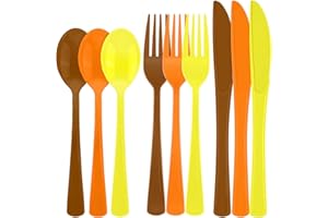 Kochorie 300 Pieces Thanksgiving Plastic Silverware Fall Heavy Duty Utensils Set Heavyweight Disposable Flatware Includes Orange Yellow Brown Spoons Forks Knives for Thanksgiving Dinner Party Supplies