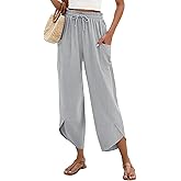 LOMON Women Linen Palazzo Pants Boho Wide Leg Elastic Waisted Casual Capri Pant Summer Harem Lounge with Pockets