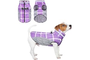 BEAUTYZOO Dog Winter Coat with Harness Built in, Reflective Plaid Puffer Vest Waterproof for Small Dogs, Fleece Warm Puppy Zipped Jacket with D Ring, Pet Cold Weather Sweater Clothes, Purple S