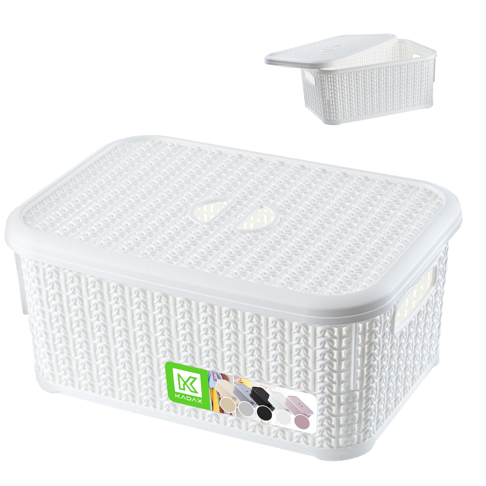 KADAX Storage Basket, Plastic Container with Lid, Decorative Box with Handles, Rectangular Organiser for Bathroom, Kitchen, Bedroom, Versatile Basket (White, 6 L)
