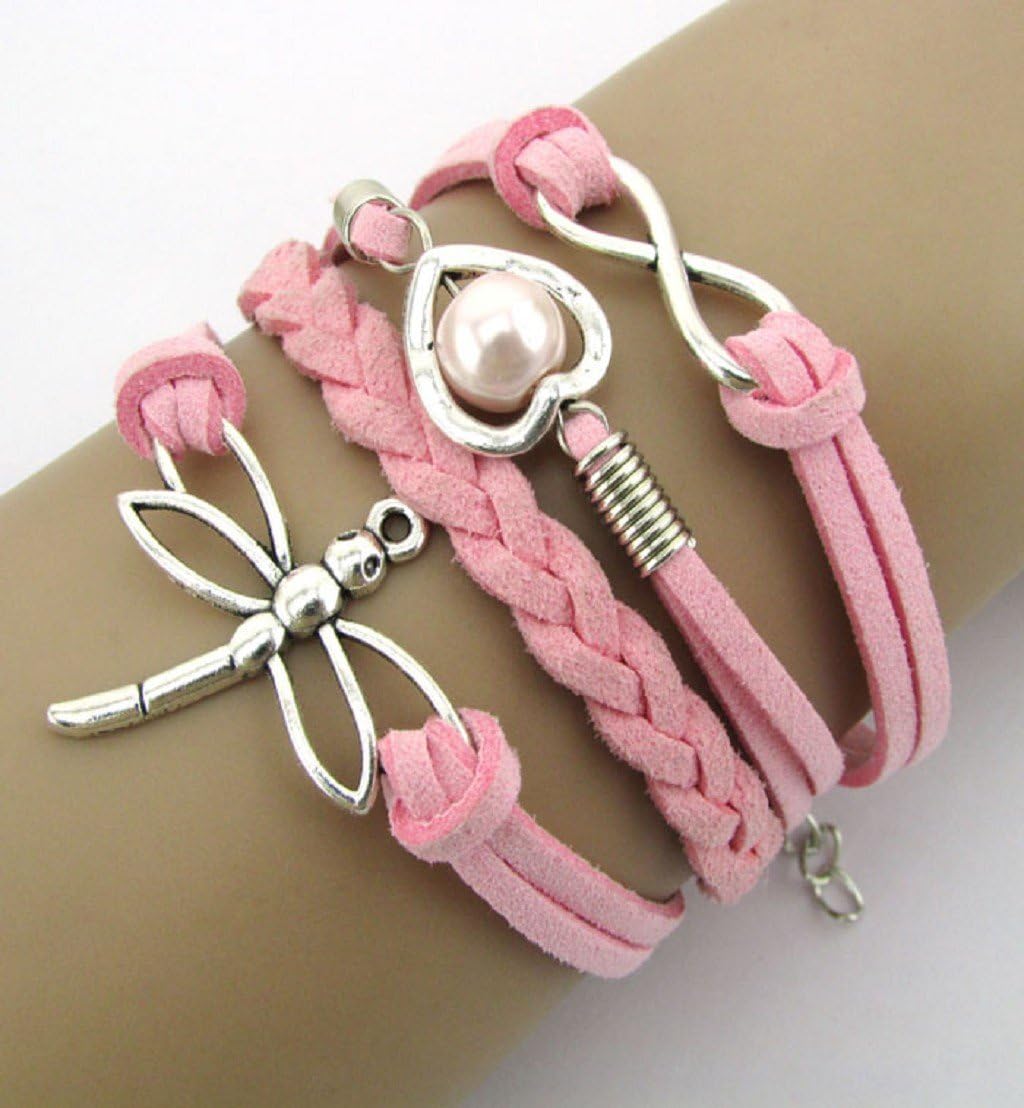 Amonfineshop Heart Infinity Dragonfly Pearl Leather Charm Bracelet Plated Silver DIY