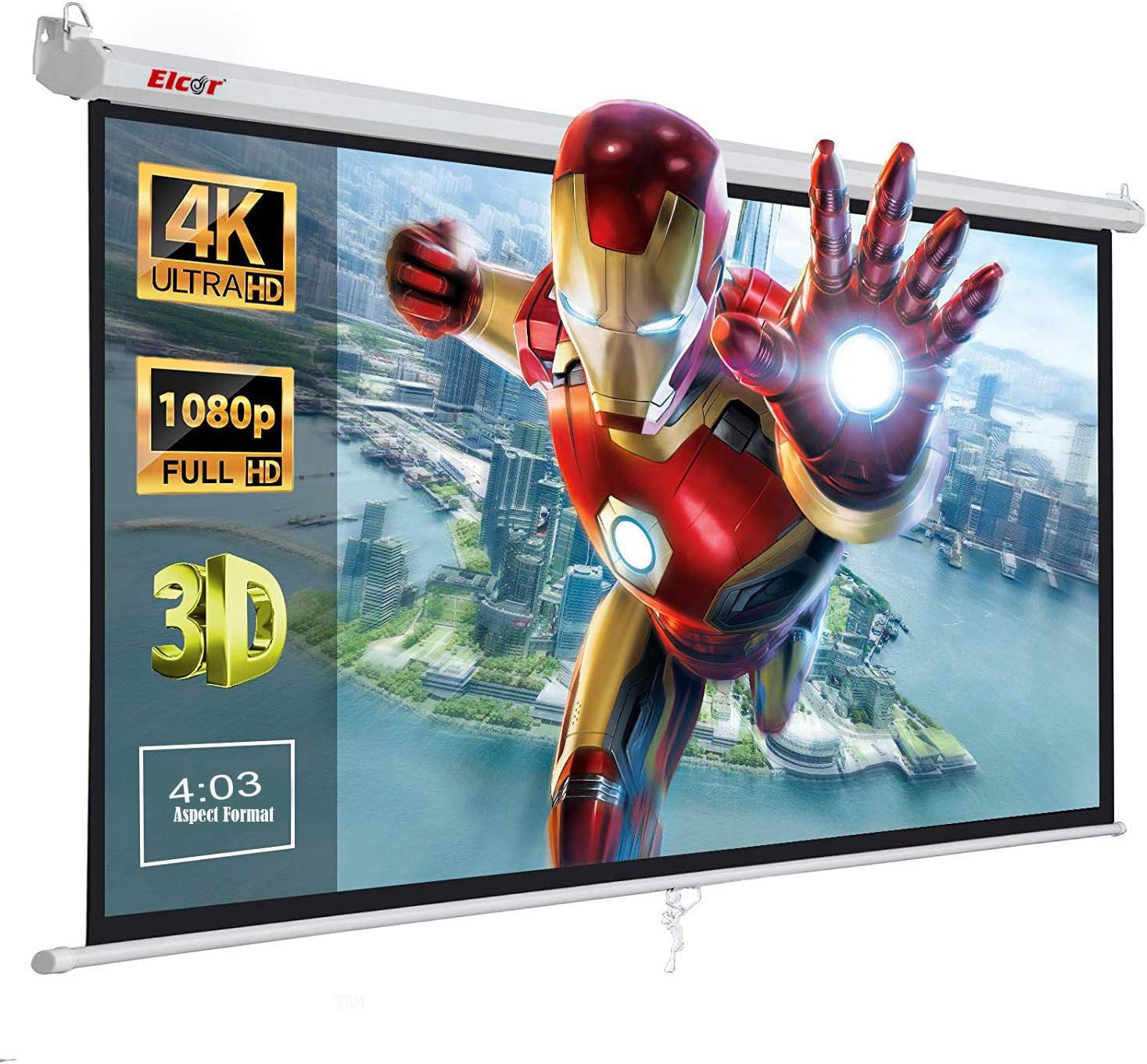 ELCOR Manual Auto-Lock Series, Projector Screen, 4ft.Height x 6ft.width with 84" Diagonal in 4:03 Aspect format, 1080P,3D & 4K Ready