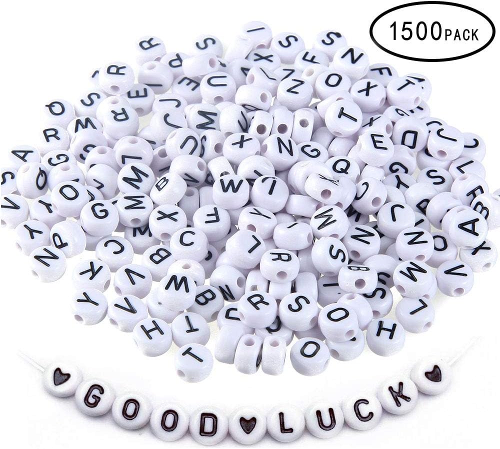 MSOLE 1500 Pcs Alphabet Letter Beads Plastic Acrylic White Round Letter Beads A-Z and Heart for Jewelry Making Bracelets Necklaces Key Chains(4×7mm)