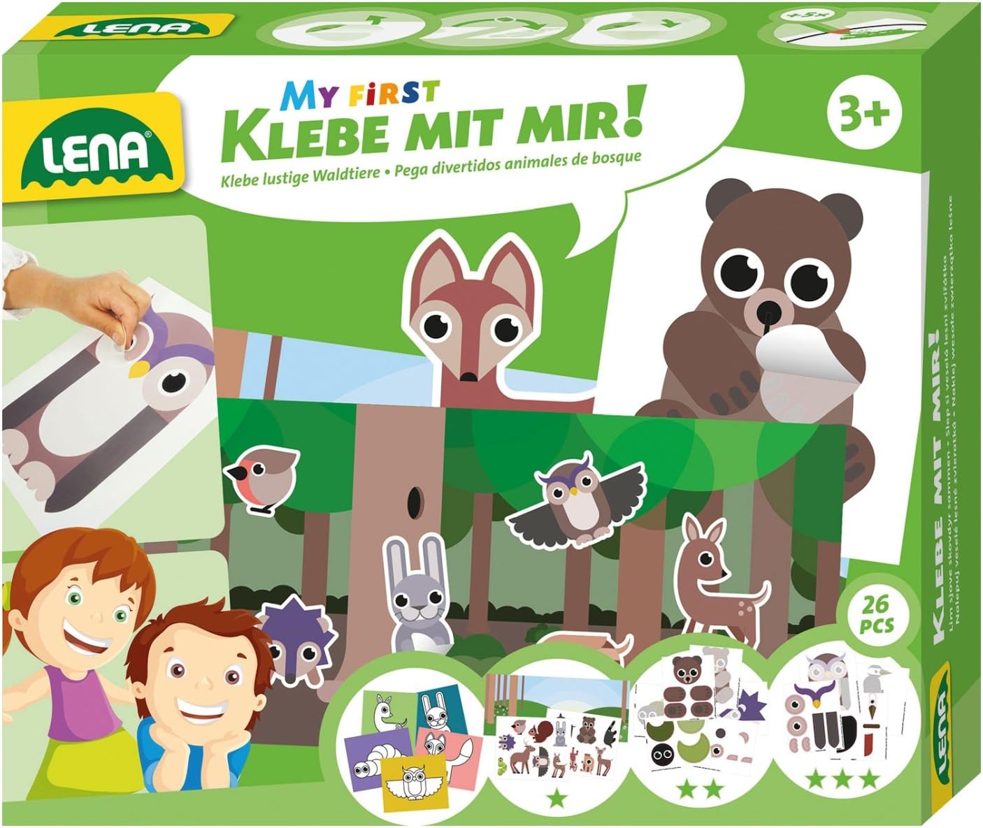 Lena 42631, My First craft set to paste forest animals, complete Set including 2 forest pictures and 24 animals to paste