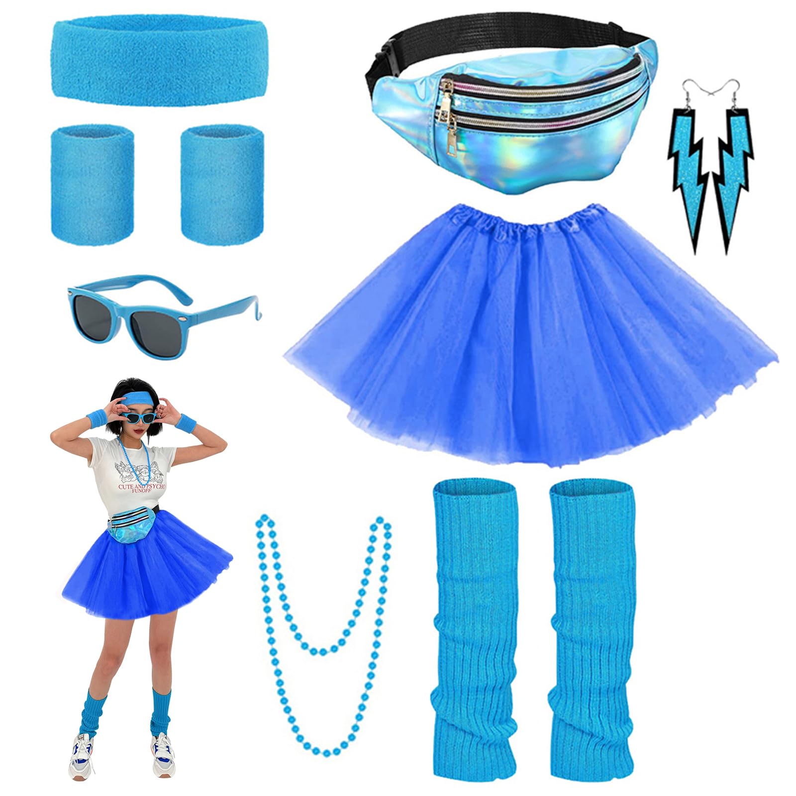 Cckuu 80s Fancy Dress for Women Girls Waterproof Bumbag Waist Packs Headband Wristbands Leg Warmers Earrings Sunglasses Accessories for Neon Fun Run Teams(Blue) — image 1