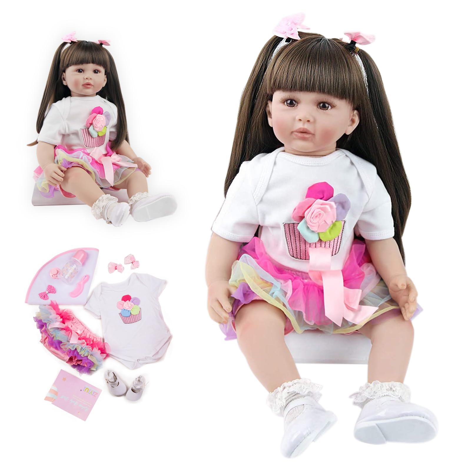 ZIYIUI 24 Inches 60cm Reborn Baby Doll Girl Soft Silicone Vinyl Reborn Babies Toddler Like Real Life Girl With Long Hair Looking Lifelike Newborn Toys Xmas Gift