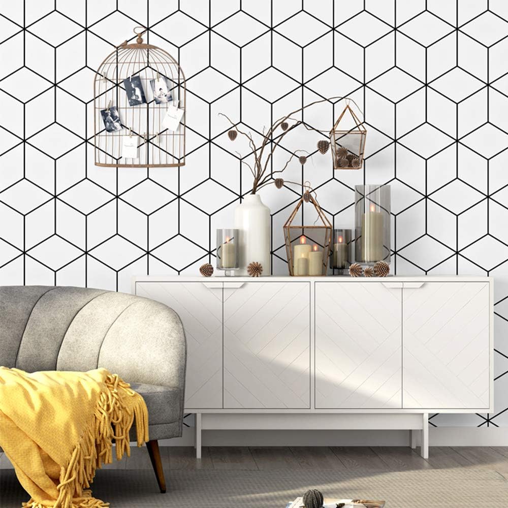 White and Black Trellis Modern Wallpaper, Removable and Waterproof for Home Design and Room Wallpaper Decoration, Super Large Size 0.53m x 10m / 393.7" x 21"