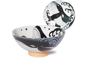 Minorutouki Rice Bowl Extra Large White Wave Whale Blue φ5.8×H2.6in 7.76oz Made in Japan