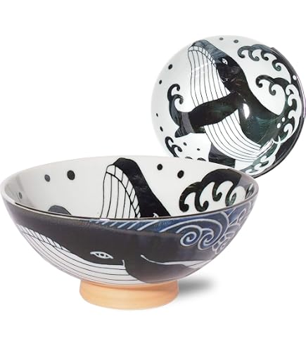 Amazon.com | Minoru Touki White Wave Whale Blue Ceramic Rice Bowl