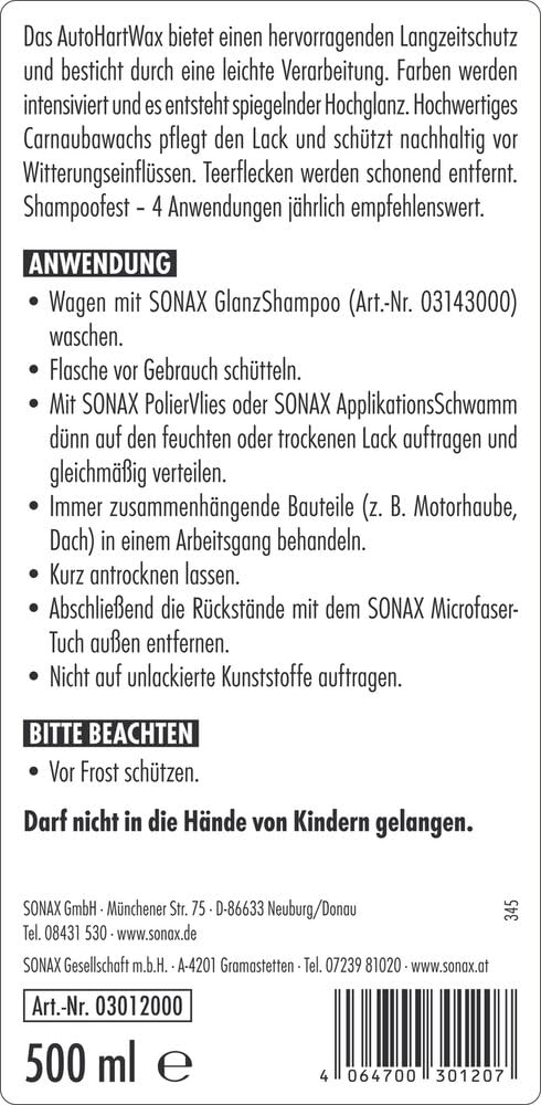 SONAX AutoHartWax (500 ml) flüssig, für Neue und neuwertige Bunt- und Metallic-Lacke | Art-Nr. 03012000 2