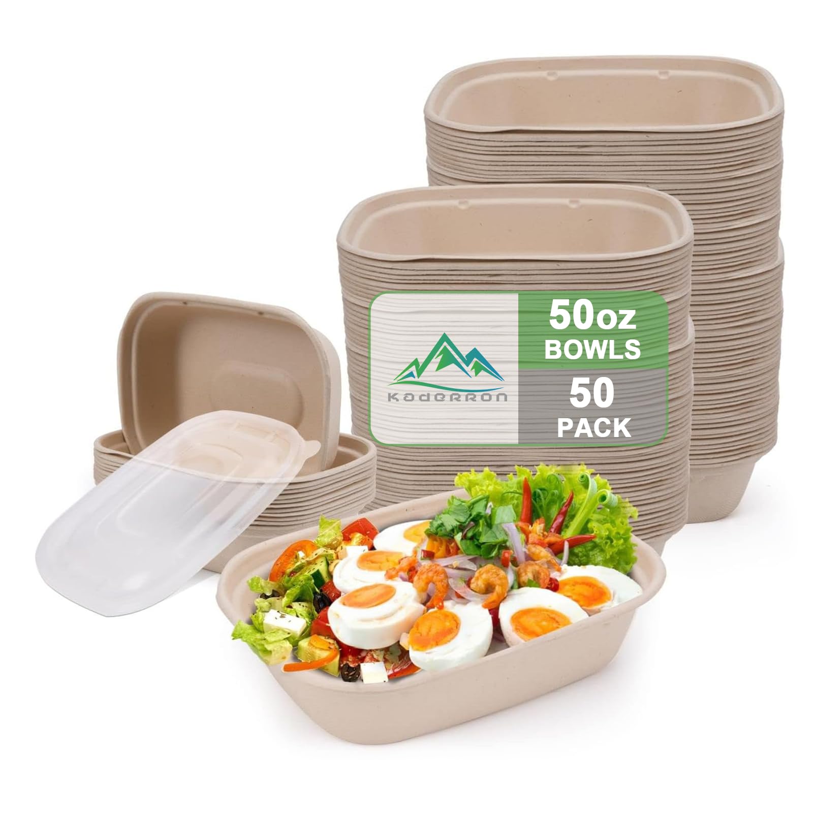 Photo 1 of Kaderron 50 Pack 50 OZ Large Paper Bowls with Lids, Heavy Duty Disposable Compostable Bowls Bulk for Party,Soak-Proof and Microwave Safe for Hot/Cold Use (50OZ-50PACK)