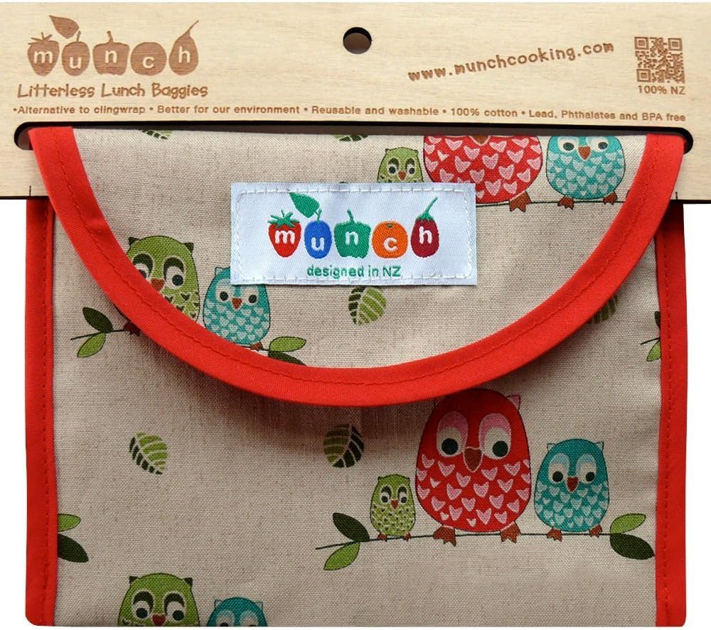 Reusable, Eco Friendly, Cotton Sandwich or Snack Bag. Handmade in New Zealand by Moms. Easy to Clean and Dishwasher Safe (Cute Red Owl Design) comes with E-book of Kid Friendly Lunch Box Ideas.