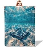 Plistiz Blue Ocean Stingray Throw Blanket 50x60, Fish Theme Blankets for Living Room Decor, Soft Flannel Stingray Gifts for Adults and Kids