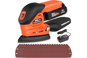 THINKWORK [Large 2.0Ah Battery] Cordless Detail Sander - 20V Electric Hand Sander for Woodworking with Dust Collector, 12000 OPM Palm Sander Tool with 21PCS Sanderpapers for Sanding, Polishing