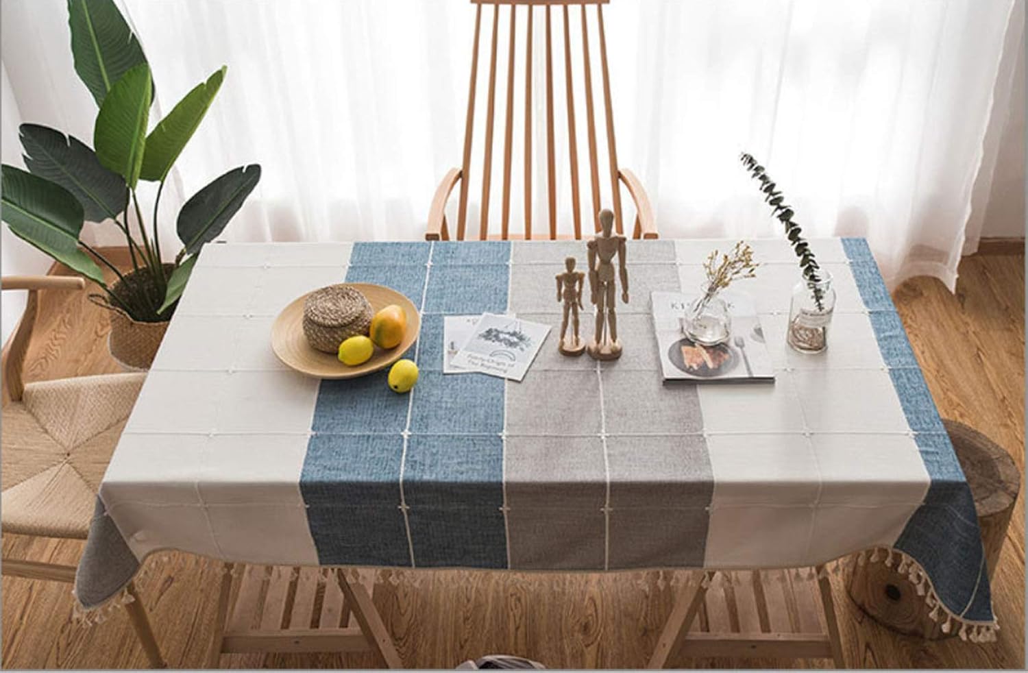 200cm Bien Bleu Gris Bleu Rayure Vert Frangé 140 Lin Maison