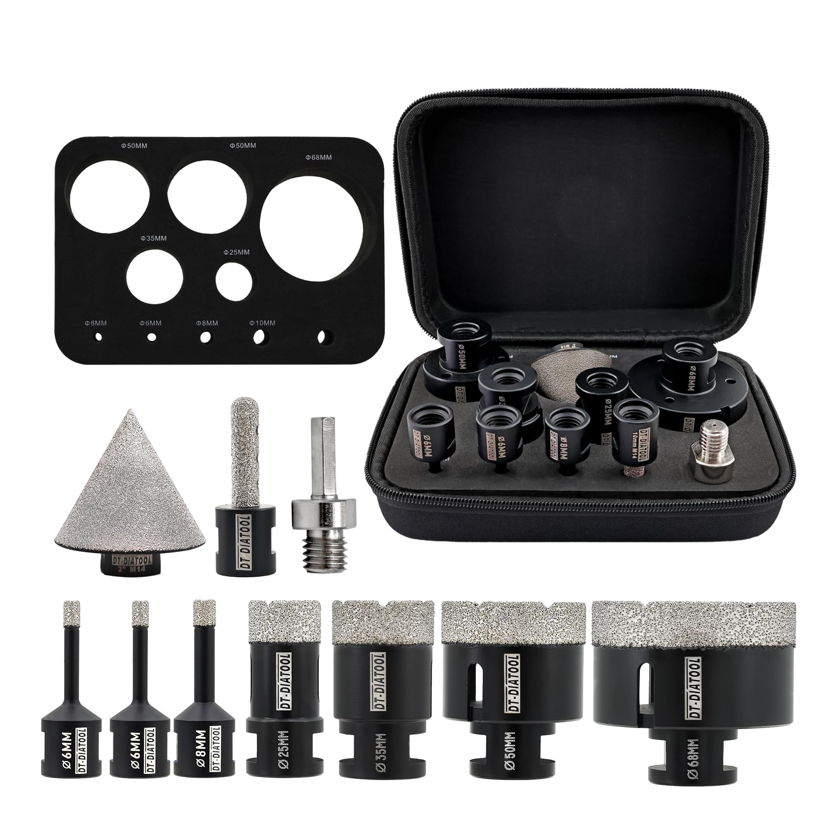DT-DIATOOL Tile Drill Bits Set - 6/8/25/35/50/68mm+Milling+Chamfer Bits+Hex Adapter for Ceramic Marble Granite