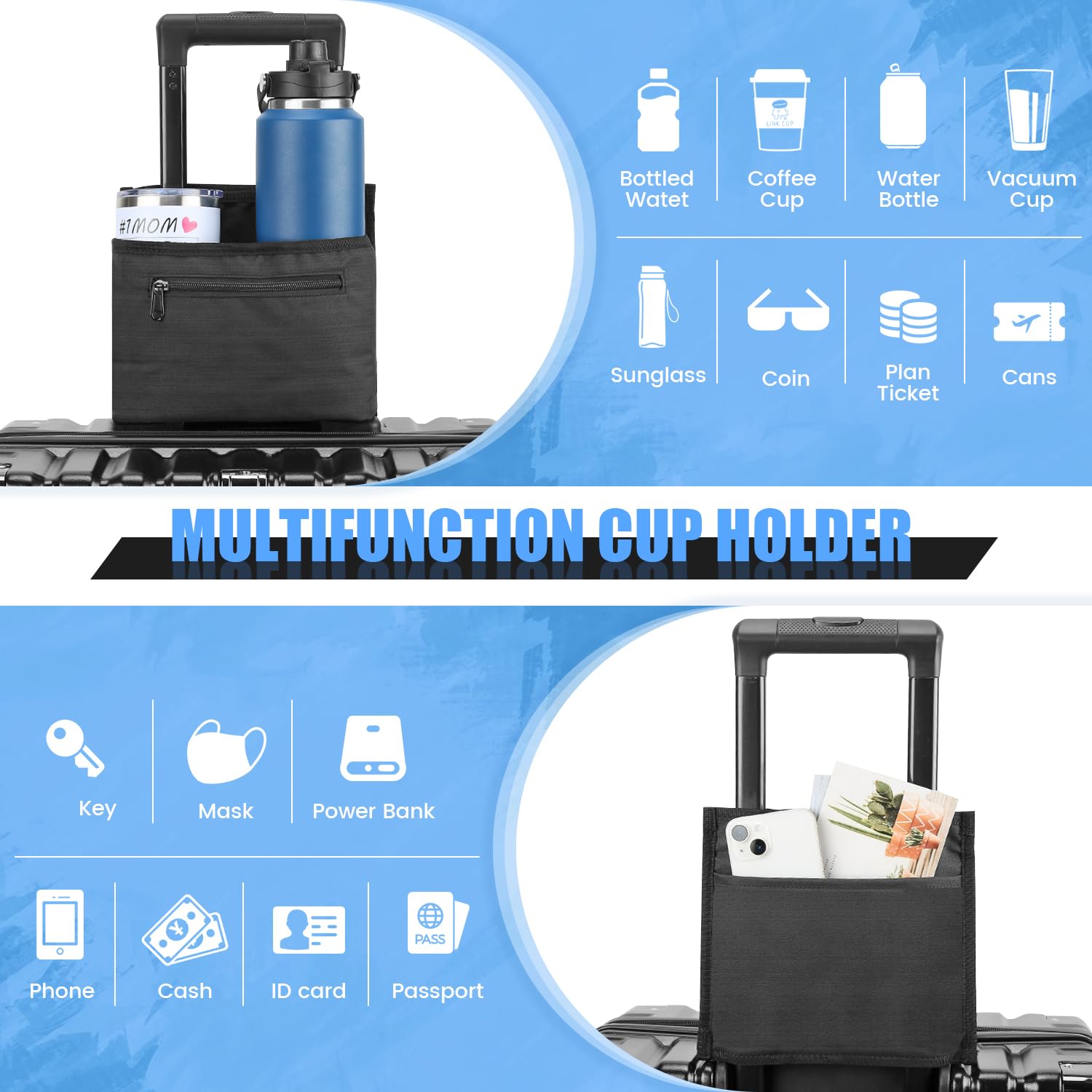 ZHCHG ZHCHG Luggage Travel Cup Holder Attachment for Suitcase Drink Carrier Caddy, Coffee Mug and Tumblers, Traveler Carry on Hands Free Accessory- Gifts for Flight Attendants Travelers Accessories- Black