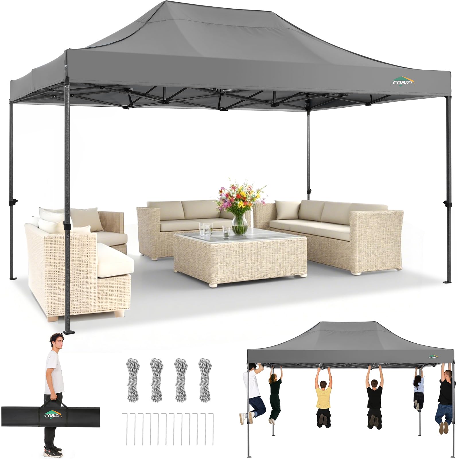 Photo 1 of ** FOR PARTS HAS DAMAGED PIECES/ CUT ON BAG. DIRT. SCRAPES** COBIZI 10x15 Pop up Canopy Heavy Duty Without Sidewalls, Easy Set-up Commercial Outdoor Party Canopy, 100% Waterproof Wedding Gazebo, 3 Height Adjustable with Handbag, Gray