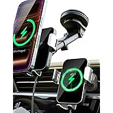 Bracketron PwrUp 15W Qi Wireless Car Charger Holder, Vent &amp; Dash | Automatic clamping phone holder with 15W Qi fast charging, telescoping arm and USB-C cable included