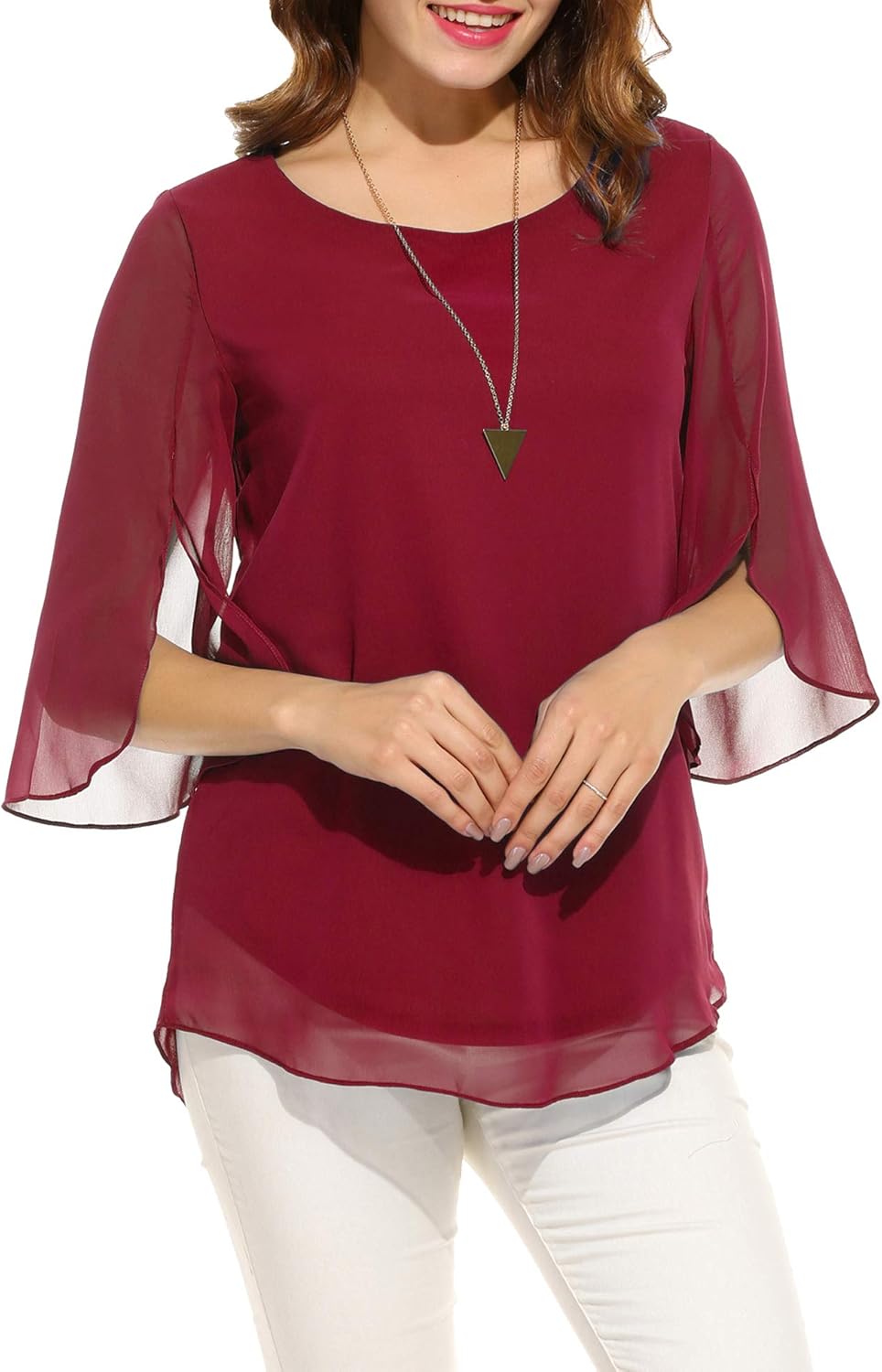 ACEVOG Womens Casual Scoop Neck Loose Top 3/4 Sleeve Chiffon Blouse Shirt Tops: Clothing