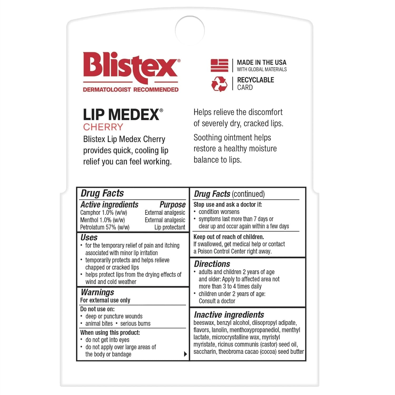 Blistex Cherry Lip Medex, 2 Count, 0.35 oz Each, Advanced Hydration, Medicated Relief with Cooling, Soothes and Protects, Restores Healthy Moisture Balance to Lips, 1 Pack